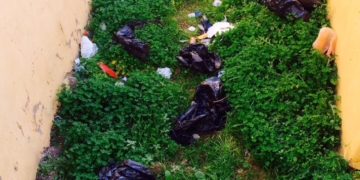Váter clandestino de los menas, a la espalda de la garita de los vigilantes, cuyos alrededores están llenos de basura.