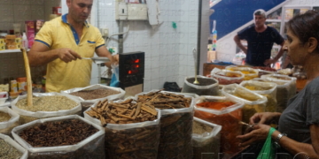 M.s. Una ciudadana comprando especies en uno de los puestos del Mercado central.