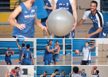 Varios momentos de una de las sesiones de entrenamientos desarrolladas por la primera plantilla del Club Melilla Baloncesto.