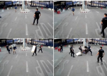 GRA092 MELILLA, 25/07/2017.- Secuencia de imágenes del vídeo facilitado por la Policía Nacional en el que se ve cómo ocho policías del puesto fronterizo de Beni Enzar en Melilla han reducido al asaltante que ha irrumpido en el mismo al grito de "Alá es grande", con un cuchillo cuya punta iba apoyada en su abdomen, según muestran las imágenes captadas por las cámaras de seguridad. EFE