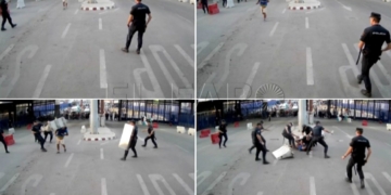 GRA092 MELILLA, 25/07/2017.- Secuencia de imágenes del vídeo facilitado por la Policía Nacional en el que se ve cómo ocho policías del puesto fronterizo de Beni Enzar en Melilla han reducido al asaltante que ha irrumpido en el mismo al grito de "Alá es grande", con un cuchillo cuya punta iba apoyada en su abdomen, según muestran las imágenes captadas por las cámaras de seguridad. EFE