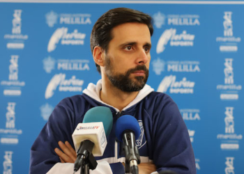 Alejandro Alcoba, durante su comparecencia ante los medios de comunicación en la previa del partido frente al Actel Força Lleida