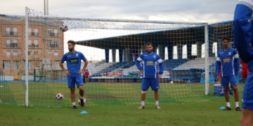 Jugadores de la escuadra de nuestra ciudad en la sesión de entrenamiento del día de ayer.