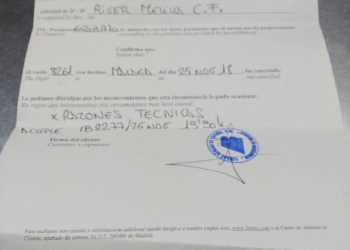 Documento de Iberia sobre la cancelación del vuelo de los melillenses.