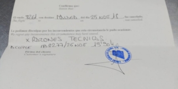 Documento de Iberia sobre la cancelación del vuelo de los melillenses.