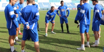 Futbolistas unionistas, en el entrenamiento de ayer.