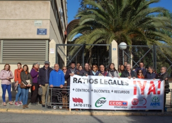 Sindicatos de la Enseñanza de Melilla y docentes ante la entrada del IES Miguel Fernández.