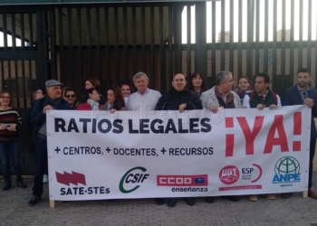 Los sindicatos de la Enseñanza junto a docentes y personal del CEE Reina Sofía en la concentración de ayer.