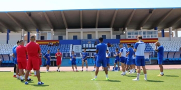 Jugadores de la escuadra unionista, en el último entrenamiento de esta semana.