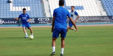 Los jugadores azulinos, en el entrenamiento celebrado en la jornada de ayer.