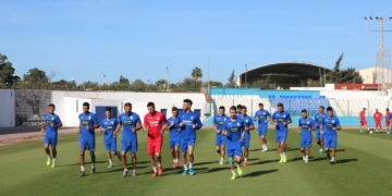Los jugadores azulinos, en la sesión de entrenamientos del día de ayer.