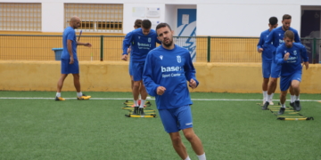 El jugador azulino, en la sesión de entrenamientos del día de ayer.