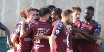 Jugadores gallegos, en la celebración de uno de sus goles en la presente temporada.