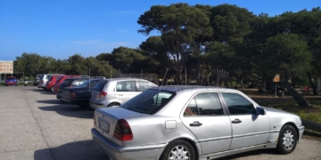 Coches aparcados en los pinares de Rostrogordo.