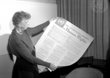 Mrs. Eleanor Roosevelt of the United States holding a Declaration of Human Rights poster in English. [Exact date unknown]