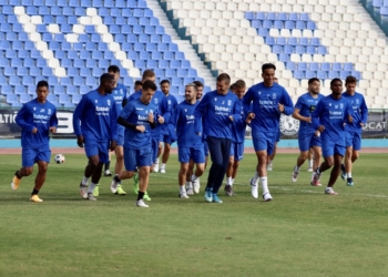 La plantilla azulina, en la sesión de entrenamientos de ayer.