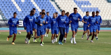 La plantilla azulina, en la sesión de entrenamientos de ayer.