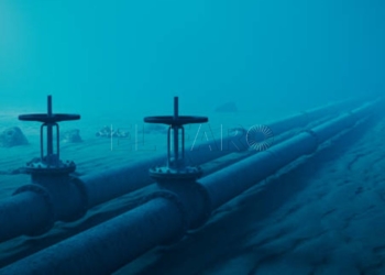 Underwater oil pipelines on ocean floor.