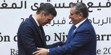 Rabat (Morocco), 02/02/2023.- Spanish Prime Minister Pedro Sanchez (L) and Morocco's Prime Minister Aziz Akhannouch (R) shake hands during the signing of agreements after the 12th session of the Moroccan-Spanish high-level meeting at the Ministry of Foreign Affairs in Rabat, Morocco, 02 February 2023. Sanchez and several Spanish ministers are on an official visit to Morocco to strengthen ties between the two countries. (Marruecos, España) EFE/EPA/JALAL MORCHIDI