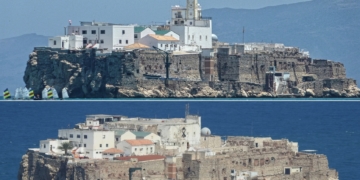 Comparativa del antes y el después del Peñón de Alhucemas. | Fotografía: Miguel Ruiz Rueda