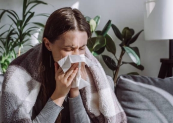 Close up of sick woman sitting on sofa freezing blowing running nose got fever caught cold sneezing in tissue, ill brunette girl covered with blanket, having influenza symptoms coughing at home