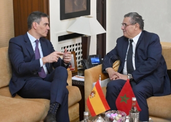 Rabat (Morocco), 21/02/2024.- Spanish Prime Minister Pedro Sanchez (L) with his Moroccan counterpart Aziz Akhannouch (R) during a meeting in Rabat, Morocco, 21 February 2024. Sanchez is on an official visit to Morocco. (Marruecos, España) EFE/EPA/JALAL MORCHIDI / POOL