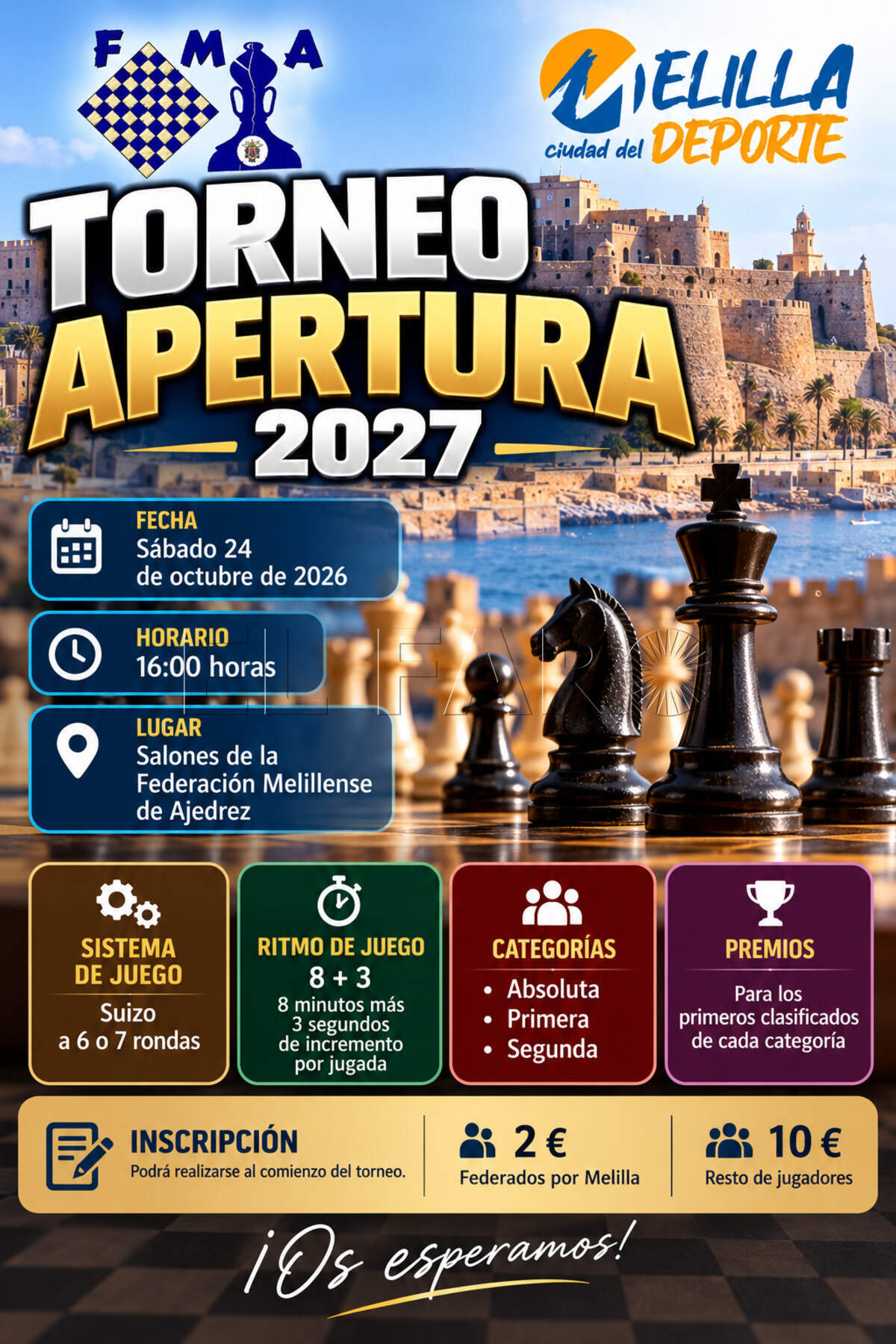 La Federación Melillense de Ajedrez celebrará el Torneo Apertura 2027